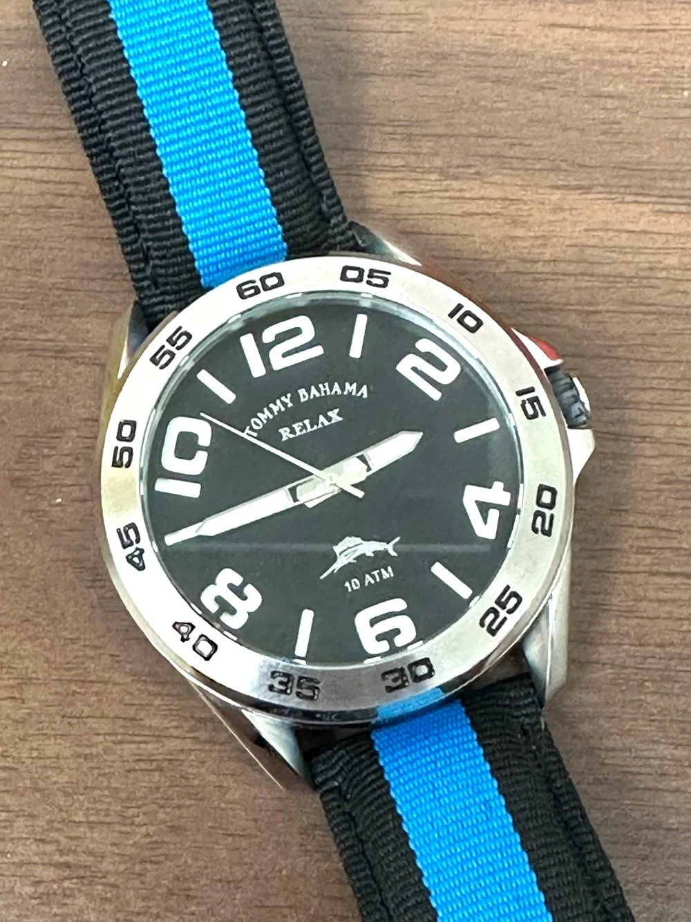 EUC Tommy Bahama Relax men’s watch IOB with Blue-Striped Canvas & Leather Band